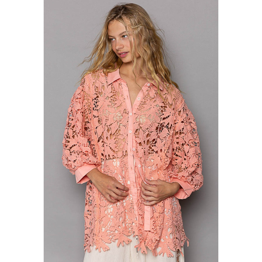 POL Collared Neck Button Up Lace Shirt Apparel and Accessories