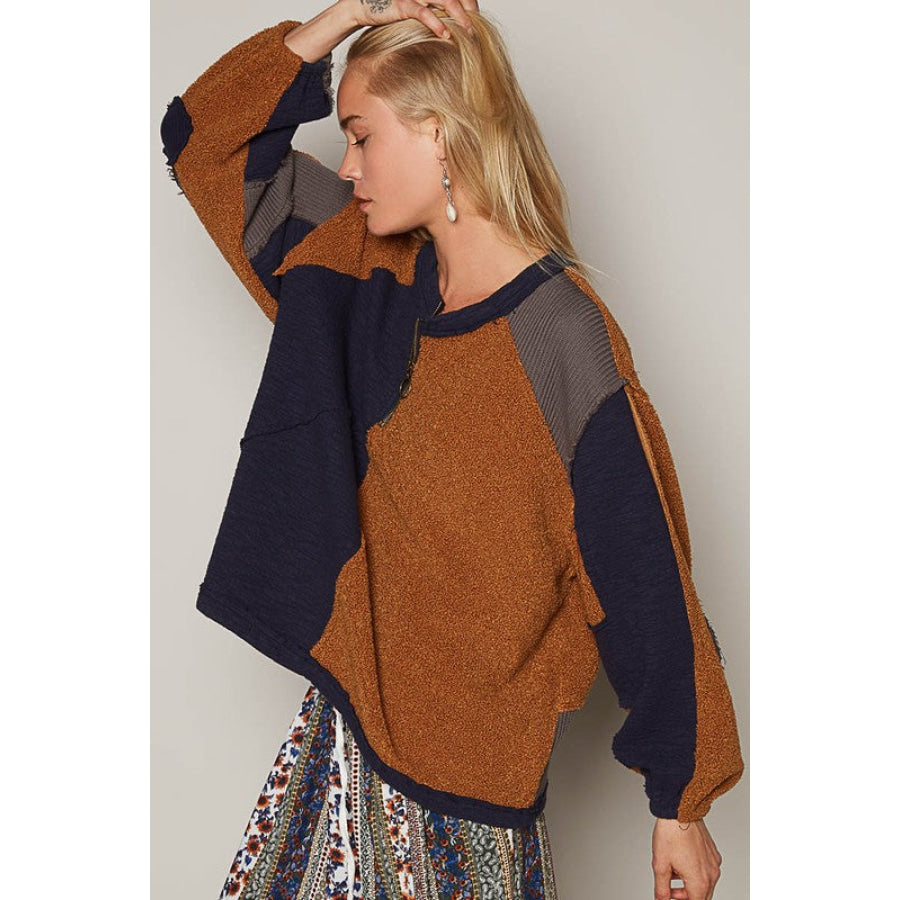POL Color Block Half Zip Dropped Shoulder Sweatshirt Apparel and Accessories
