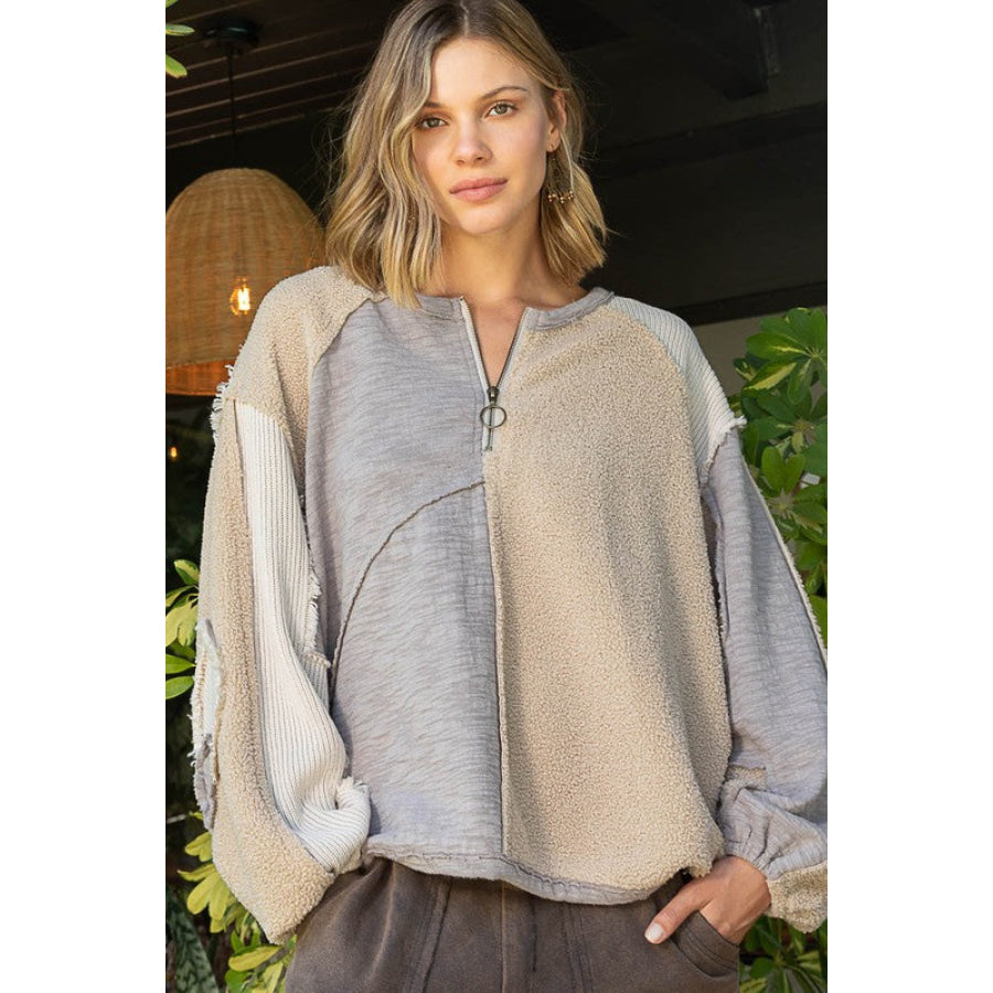 POL Color Block Half Zip Dropped Shoulder Sweatshirt Beige / S Apparel and Accessories