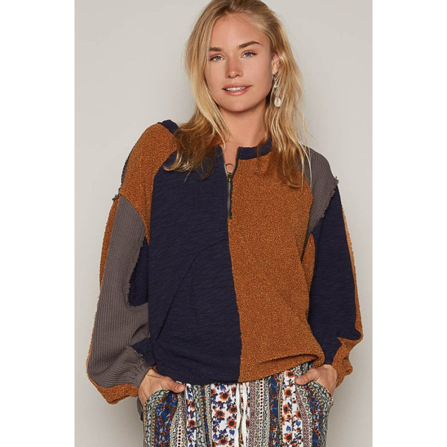 POL Color Block Half Zip Dropped Shoulder Sweatshirt Terracotta / S Apparel and Accessories