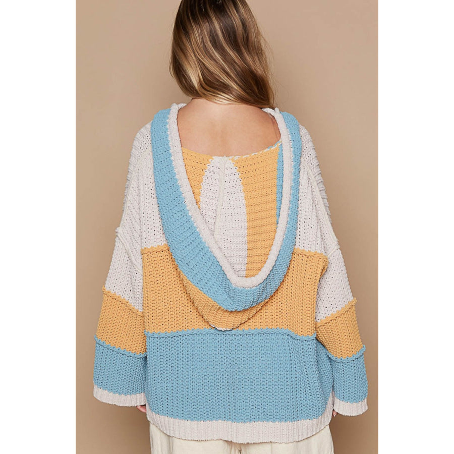 POL Color Block Long Sleeve Hooded Sweater Blue Mustard Multi / S Apparel and Accessories