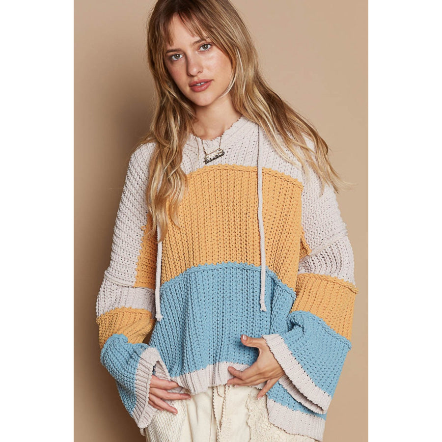 POL Color Block Long Sleeve Hooded Sweater Blue Mustard Multi / S Apparel and Accessories