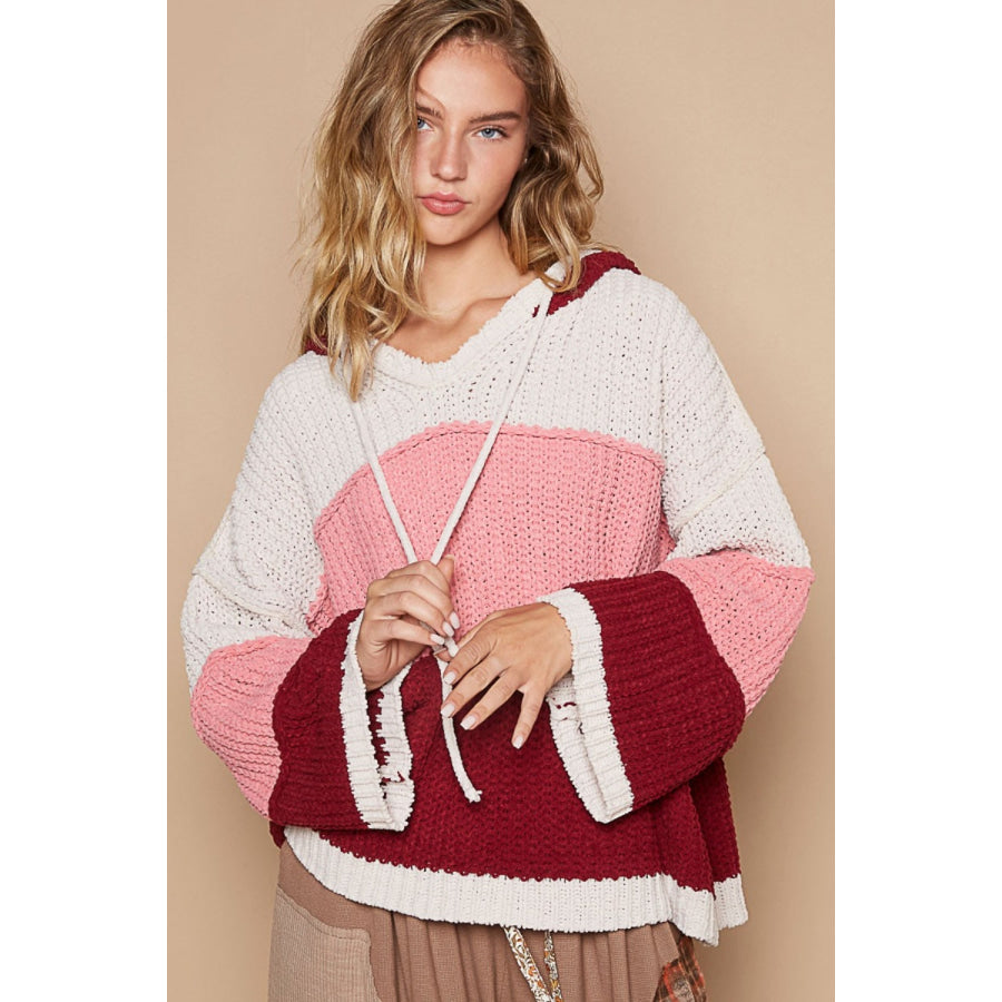 POL Color Block Long Sleeve Hooded Sweater Pink Burgundy Multi / S Apparel and Accessories