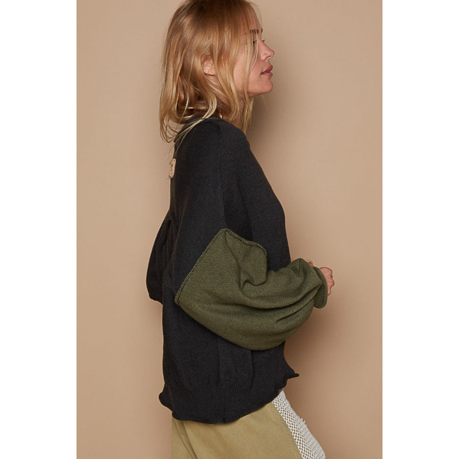 POL Color Block Roll Hem Hacci Sweater Black / S Apparel and Accessories