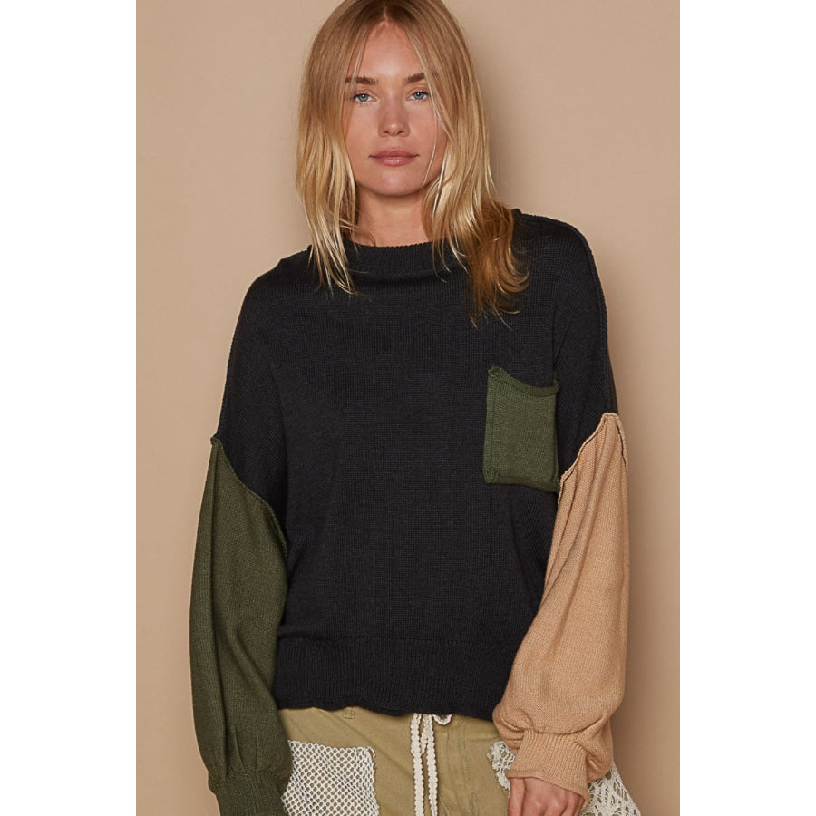 POL Color Block Roll Hem Hacci Sweater Apparel and Accessories