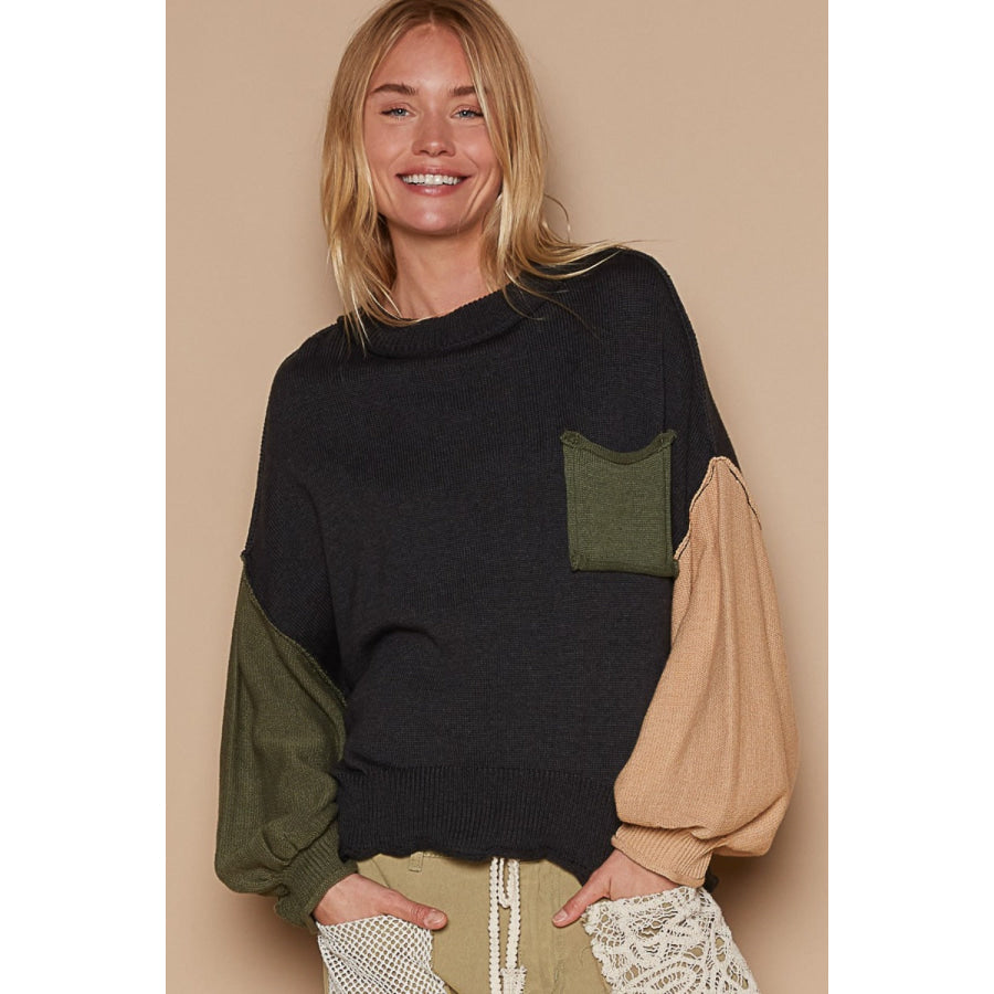 POL Color Block Roll Hem Hacci Sweater Black / S Apparel and Accessories