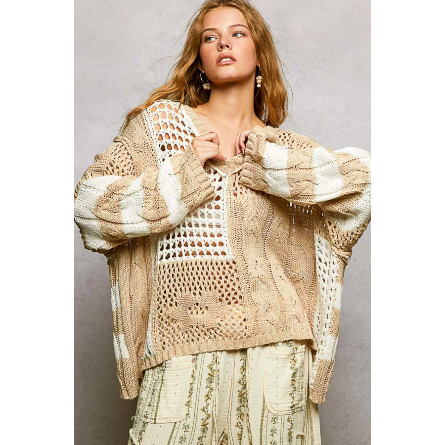 POL Color-Blocked Stripe Pattern Knit Top with Twisted Weave BEIGE / S Apparel and Accessories