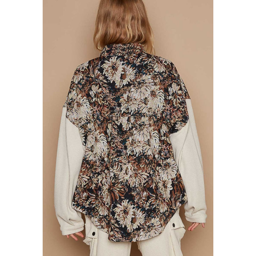 POL Contrast Sleeves Button Down Floral Jacquard Shirt Wood/Beige / S Apparel and Accessories