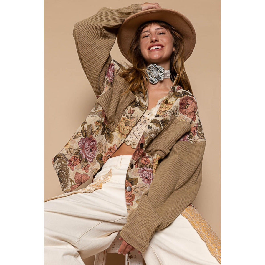 POL Contrast Sleeves Button Down Floral Jacquard Shirt Latte/Mocha / S Apparel and Accessories