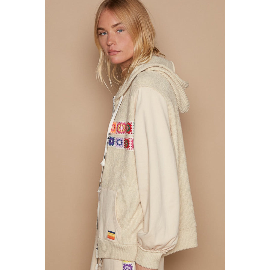 POL Contrast Square Patch Pattern Hooded Zipper Jacket Cream Beige / S Apparel and Accessories