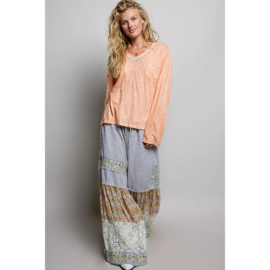 POL Contrast Stitch V-Neck Lightweight Knit Long Sleeve Top Apparel and Accessories