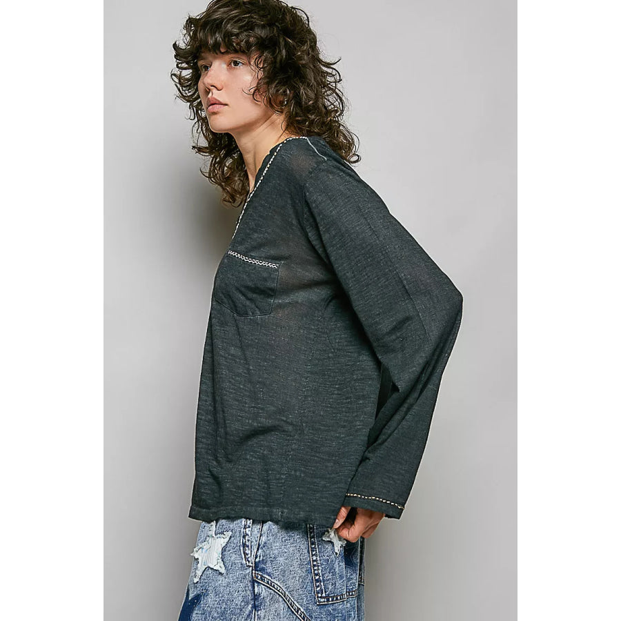 POL Contrast Stitch V-Neck Lightweight Knit Long Sleeve Top Apparel and Accessories
