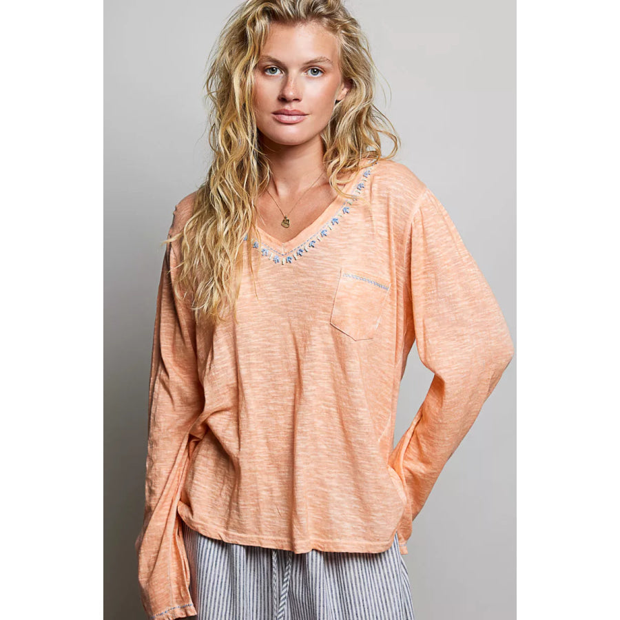 POL Contrast Stitch V-Neck Lightweight Knit Long Sleeve Top CORAL PEACH / S Apparel and Accessories