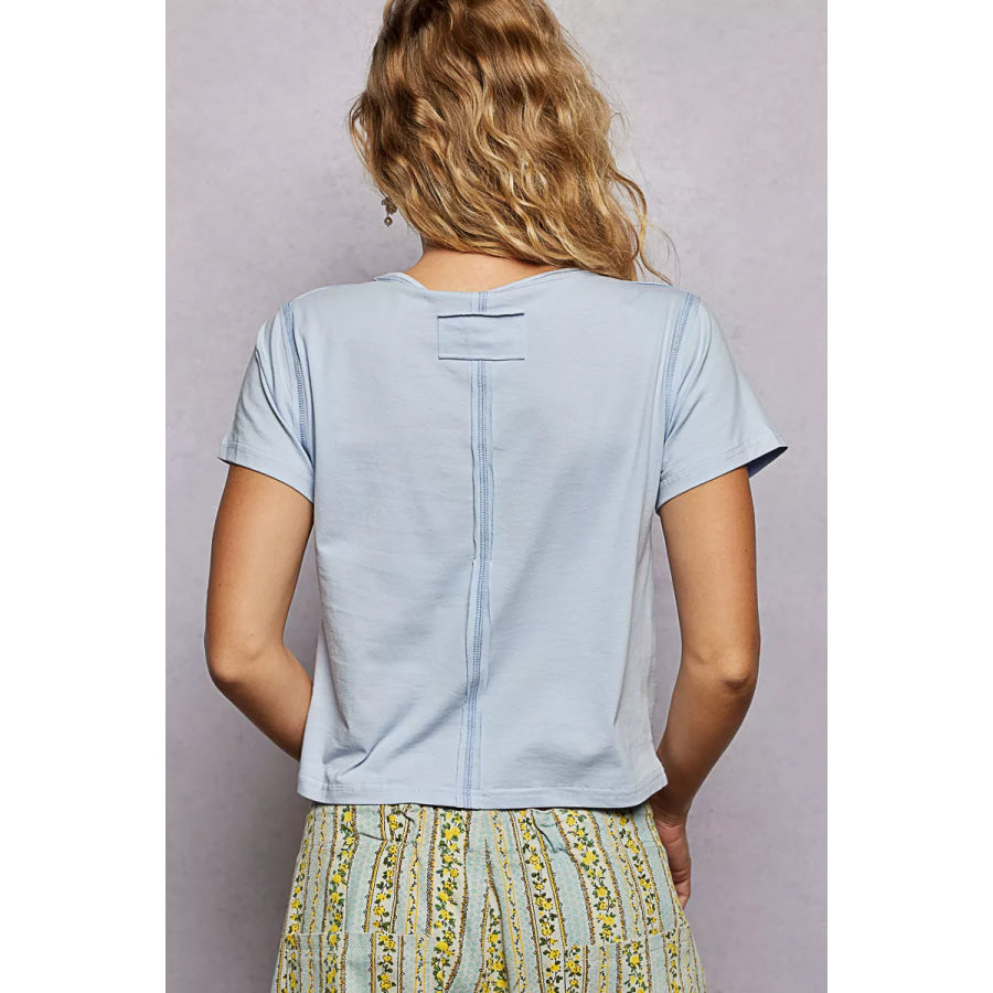 POL Contrast Stitching Round Neck Short Sleeve T-Shirt Apparel and Accessories