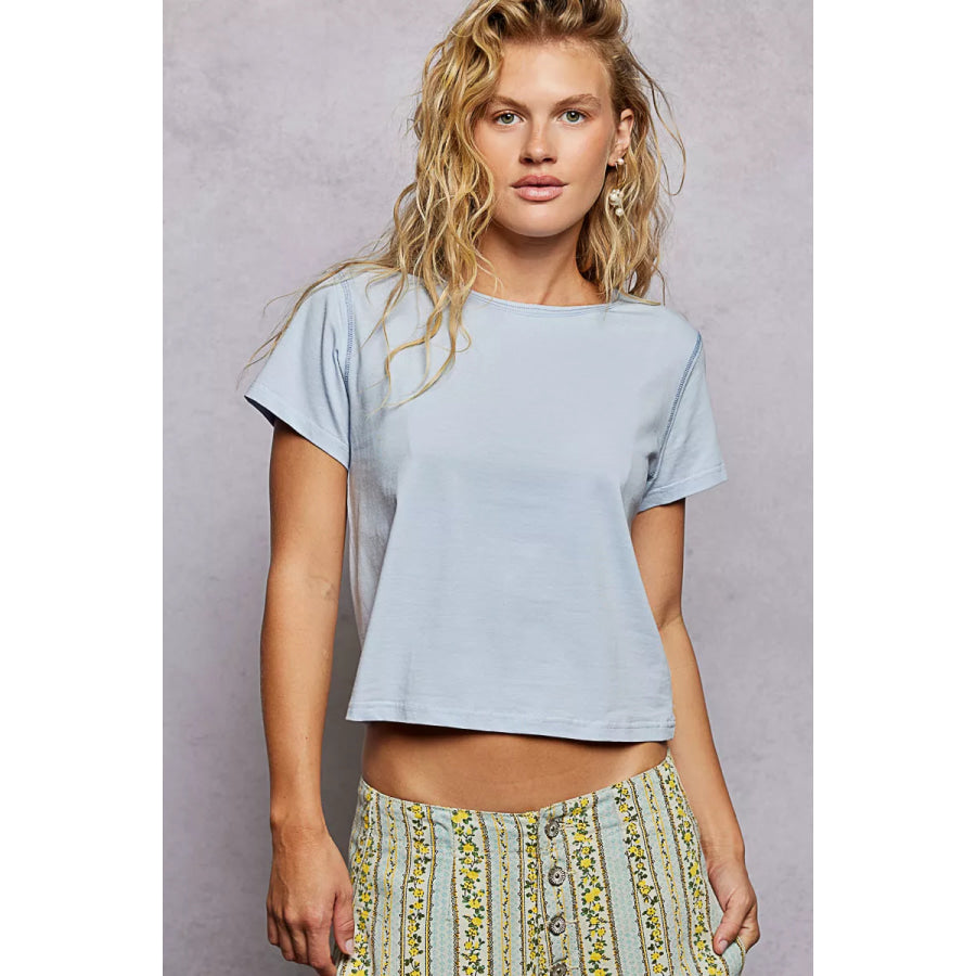 POL Contrast Stitching Round Neck Short Sleeve T-Shirt POWDER BLUE / S Apparel and Accessories