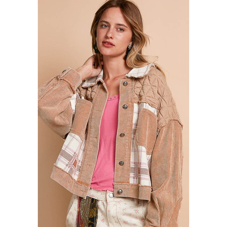 POL Corduroy Jacquard Patchwork Button Up Jacket Apparel and Accessories