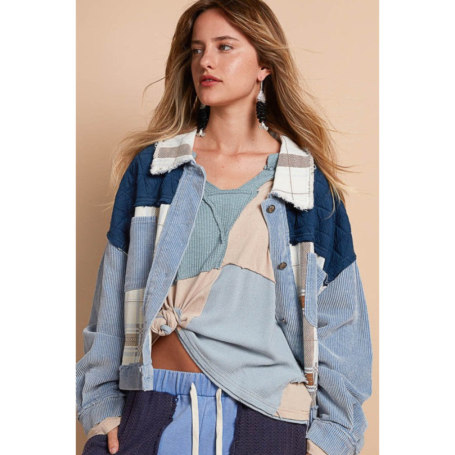 POL Corduroy Jacquard Patchwork Button Up Jacket Light Blue / S Apparel and Accessories