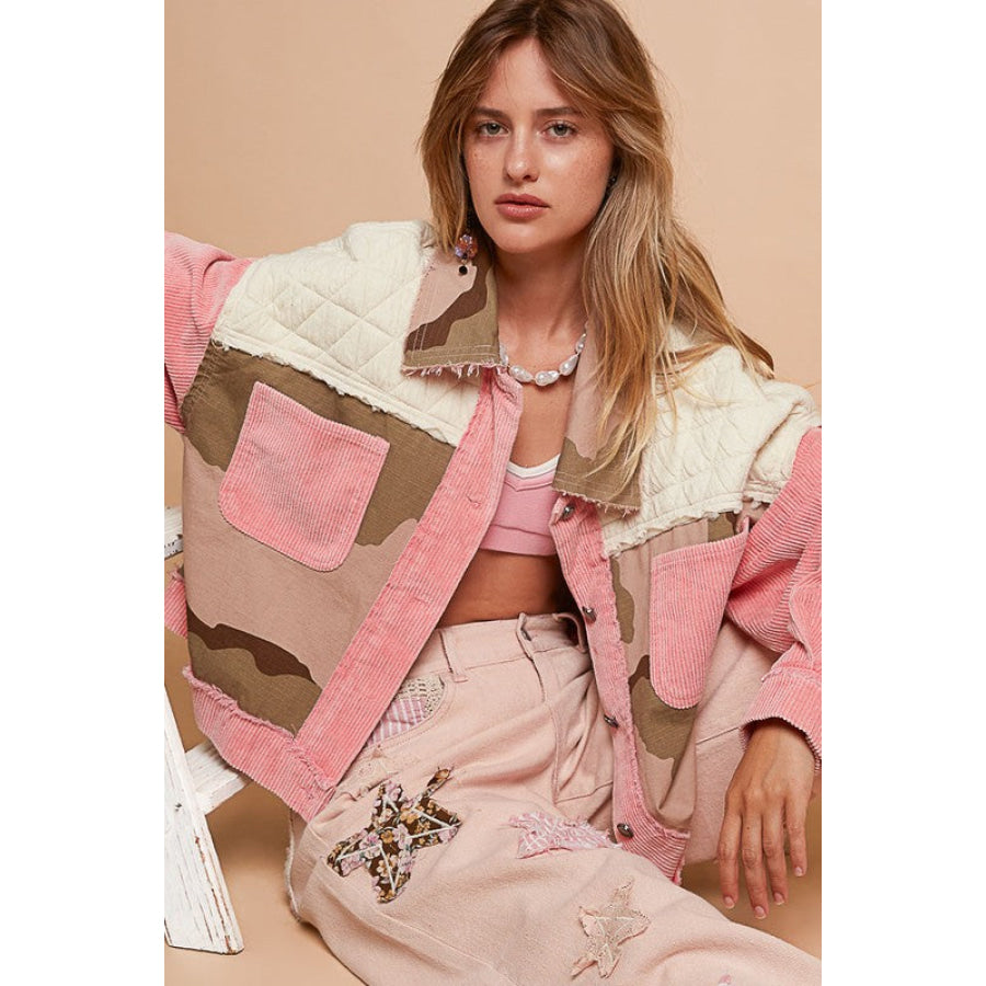 POL Corduroy Jacquard Patchwork Button Up Jacket Neon Pink Multicolor / S Apparel and Accessories