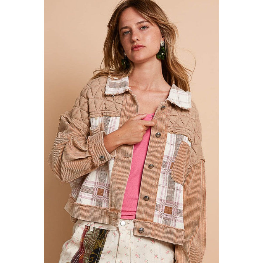 POL Corduroy Jacquard Patchwork Button Up Jacket Teddy Bear Multicolor / S Apparel and Accessories