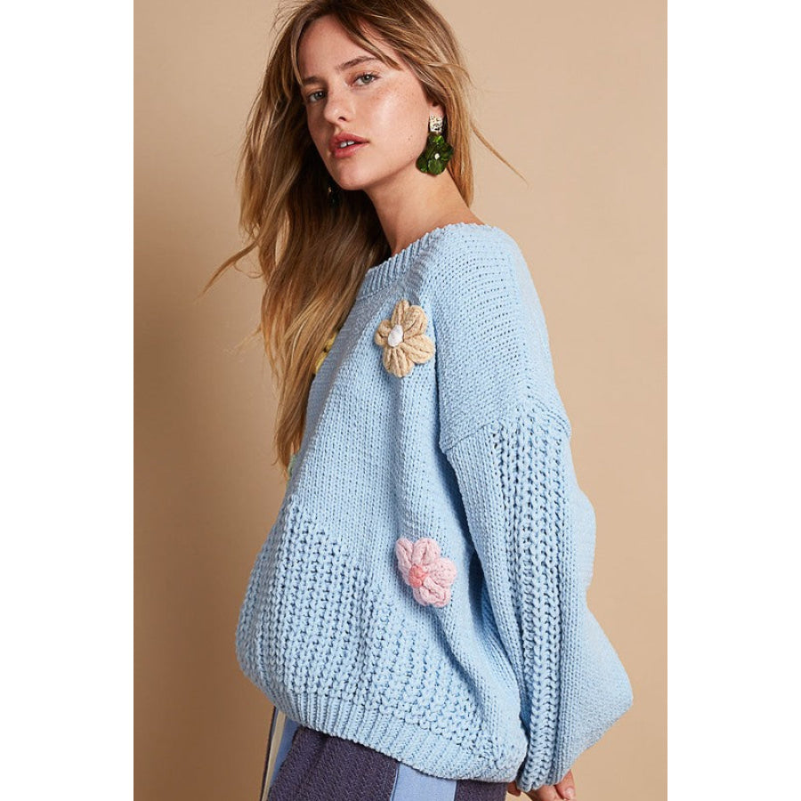 POL Crochet Flower Round Neck Dropped Shoulder Sweater Apparel and Accessories