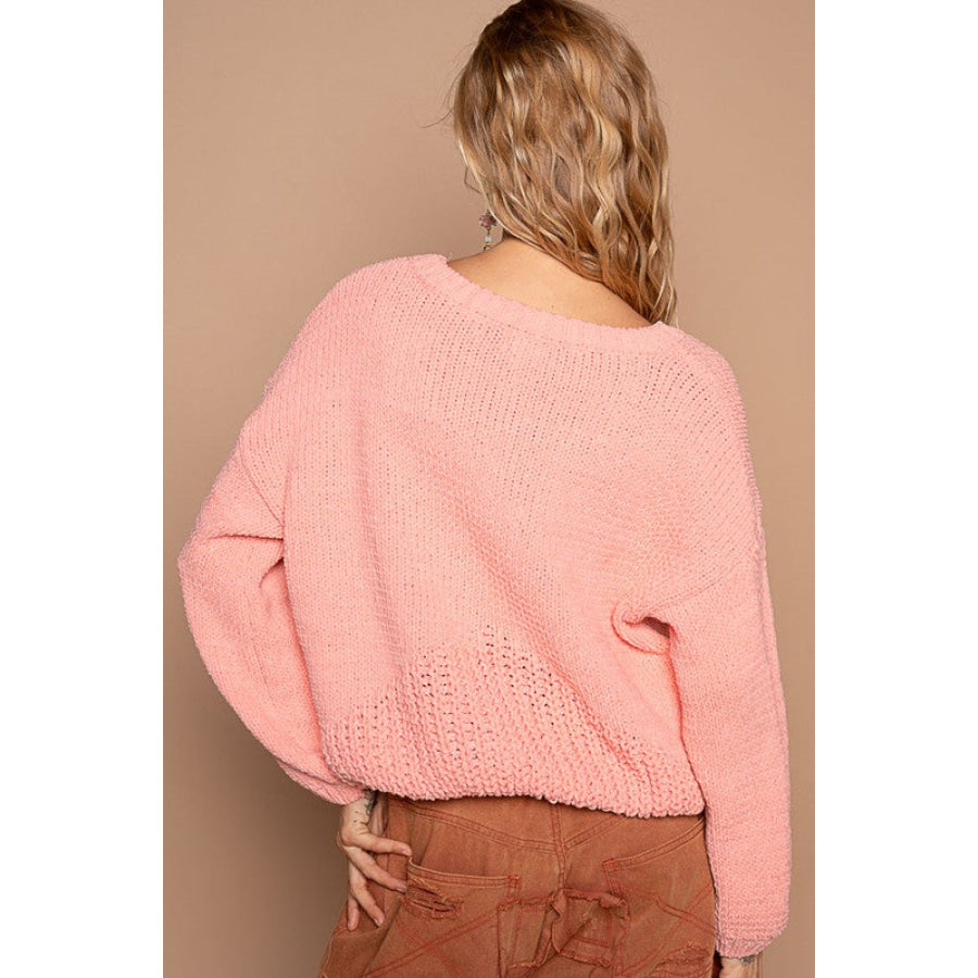 POL Crochet Flower Round Neck Dropped Shoulder Sweater Apparel and Accessories