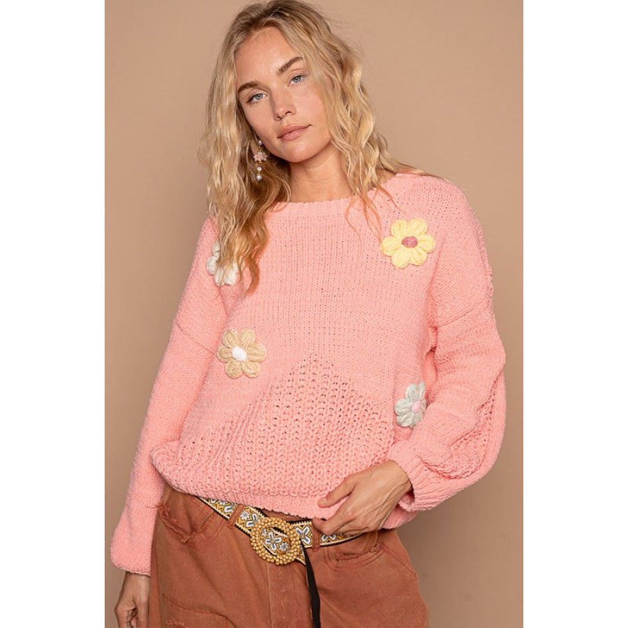 POL Crochet Flower Round Neck Dropped Shoulder Sweater Burnt Coral / S Apparel and Accessories