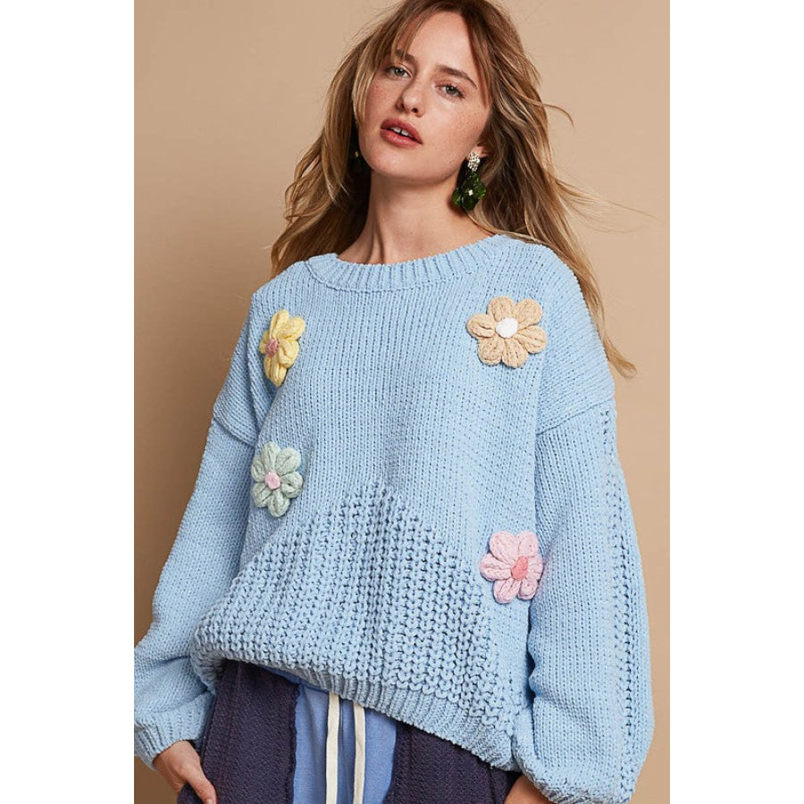 POL Crochet Flower Round Neck Dropped Shoulder Sweater Light Blue / S Apparel and Accessories