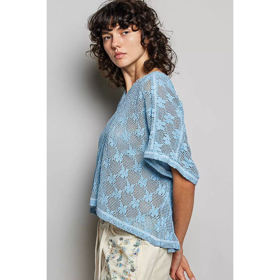 POL Crochet Lace Short Sleeve Top CORNFLOWER BLUE / S Apparel and Accessories