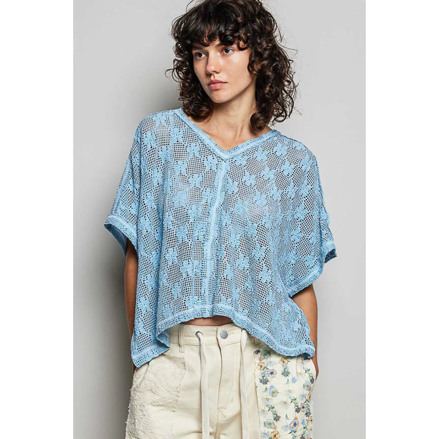 POL Crochet Lace Short Sleeve Top CORNFLOWER BLUE / S Apparel and Accessories