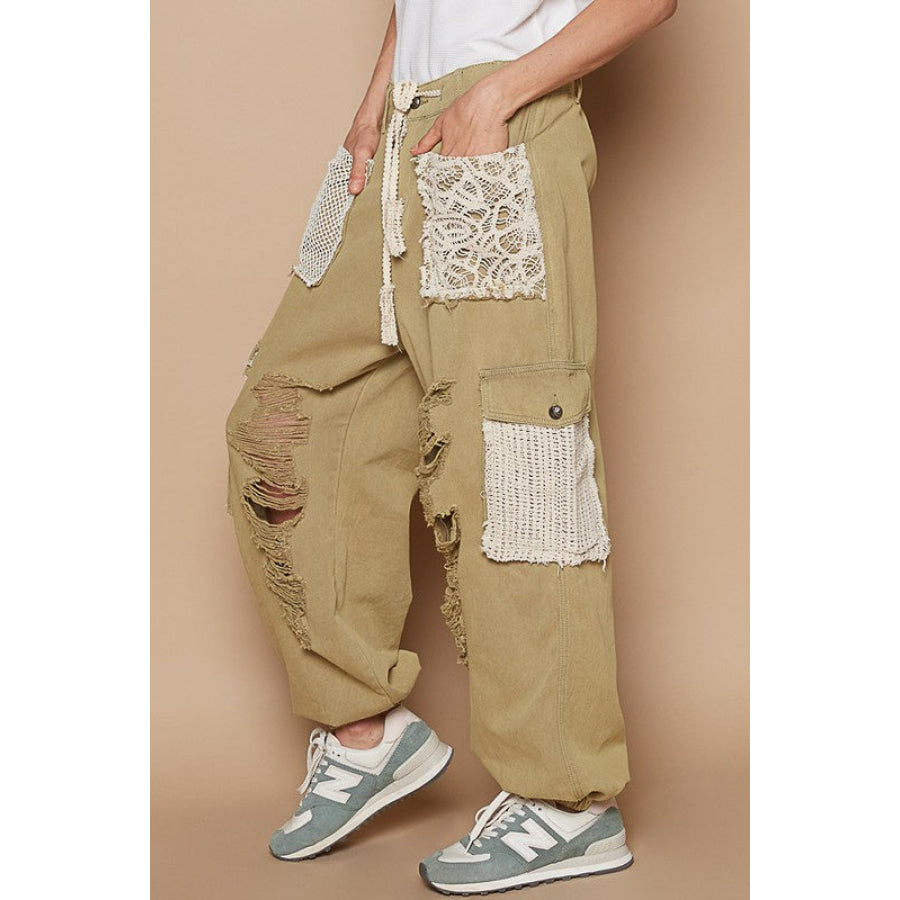 POL Crochet Patch Distressed Washed Jeans Olive / S Apparel and Accessories