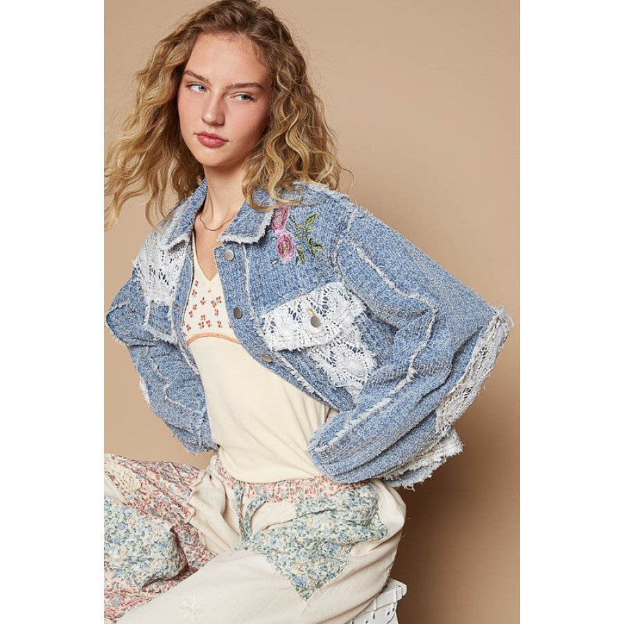 POL Crochet Patch Embroidered Button Up Jacket Dusty Blue / S Apparel and Accessories