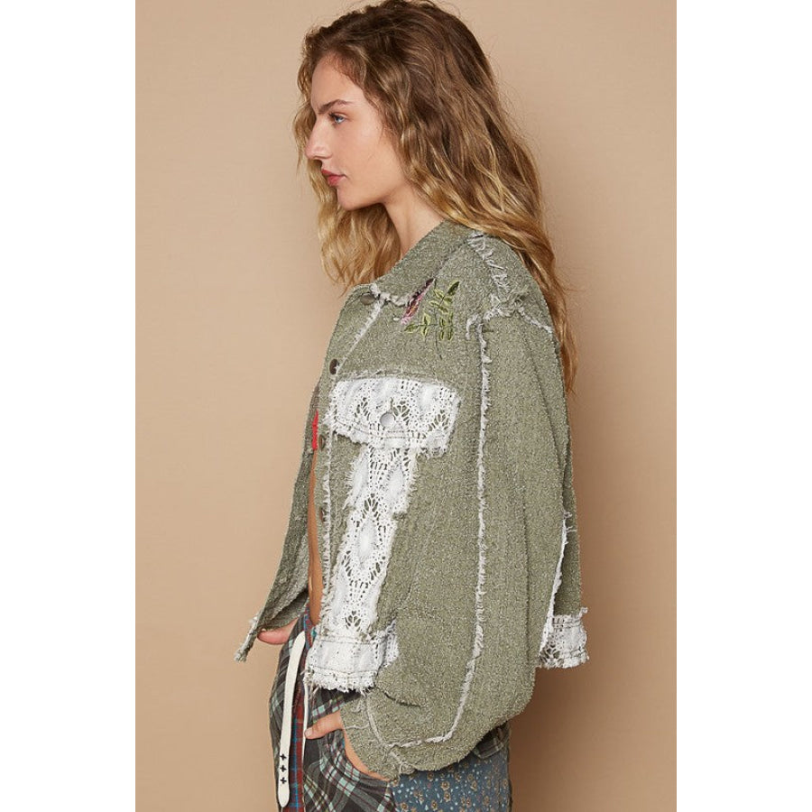 POL Crochet Patch Embroidered Button Up Jacket Apparel and Accessories