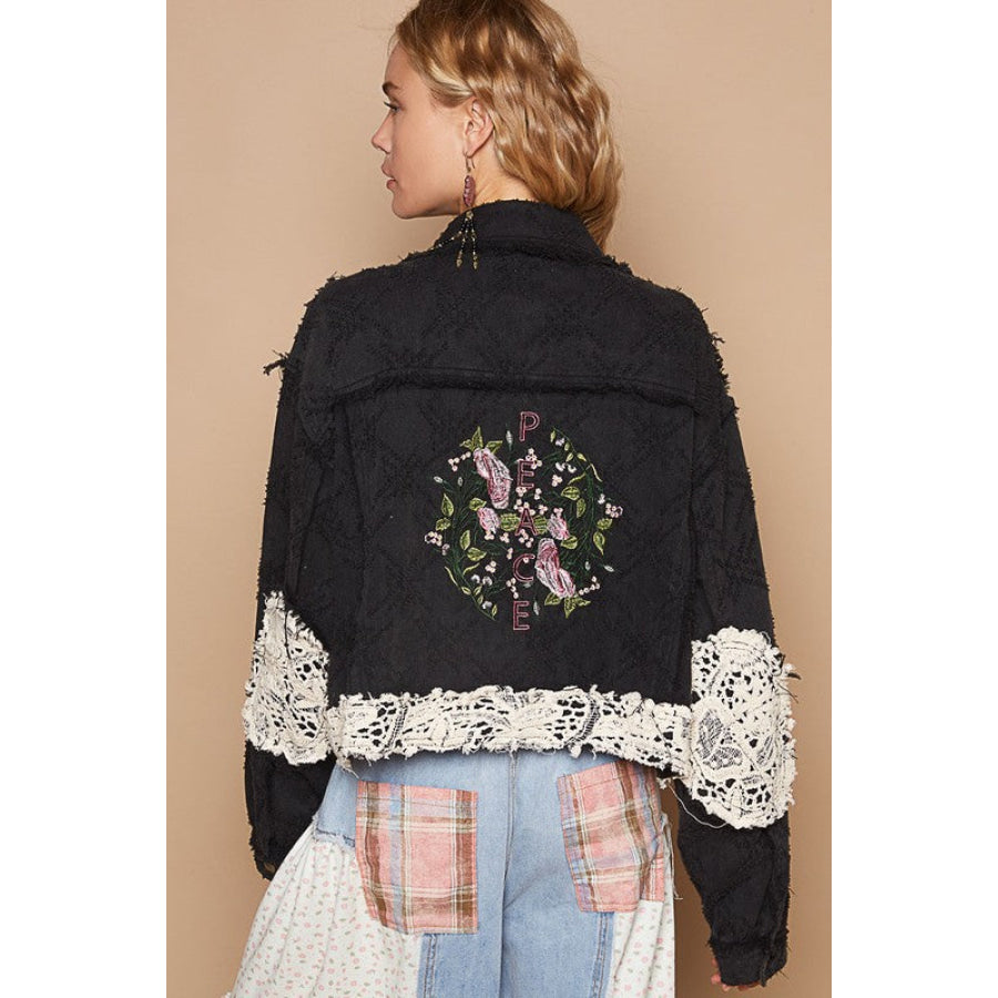 POL Crochet Patch Embroidered Button Up Jacket Black / S Apparel and Accessories