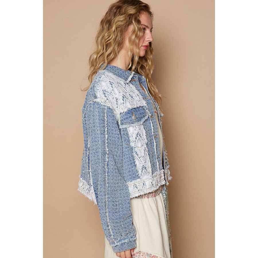 POL Crochet Patch Embroidered Button Up Jacket Apparel and Accessories