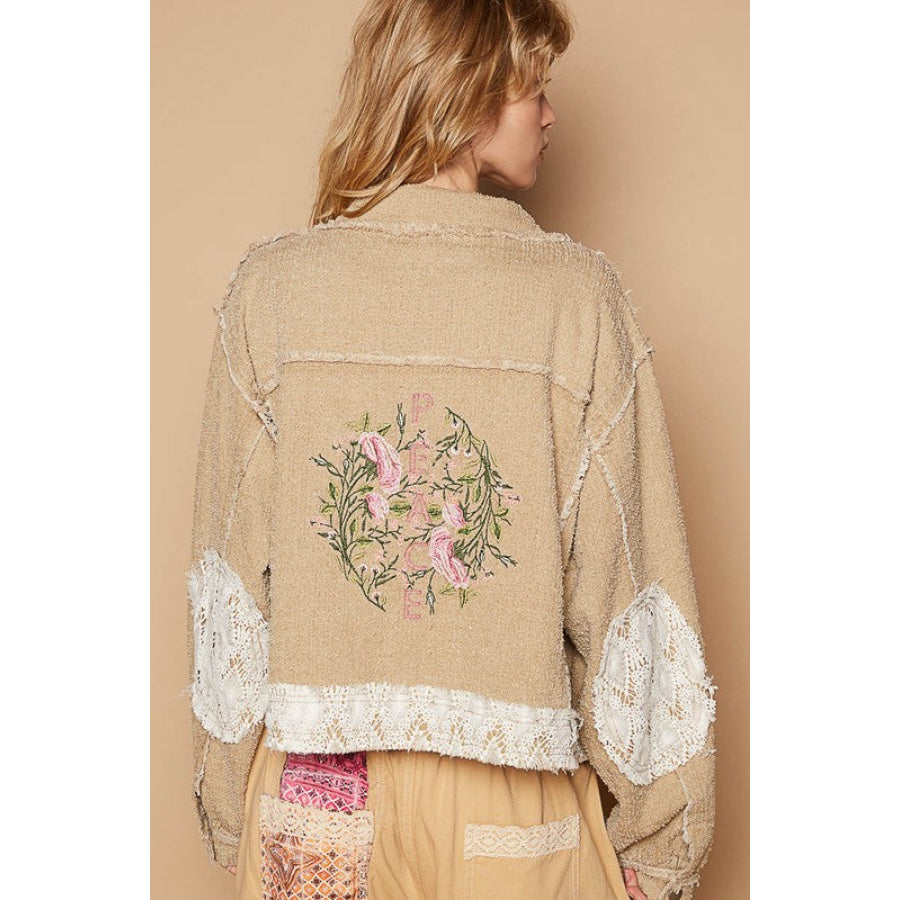 POL Crochet Patch Embroidered Button Up Jacket Apparel and Accessories