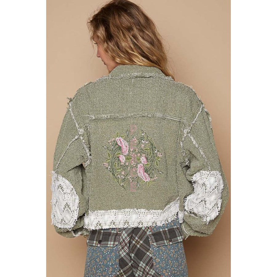 POL Crochet Patch Embroidered Button Up Jacket Olive Multicolor / S Apparel and Accessories