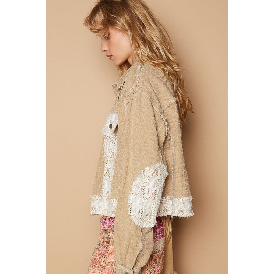 POL Crochet Patch Embroidered Button Up Jacket Apparel and Accessories