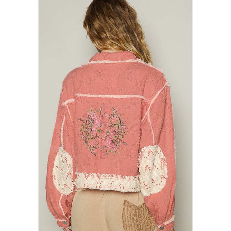 POL Crochet Patch Embroidered Button Up Jacket Pink Multicolor / S Apparel and Accessories
