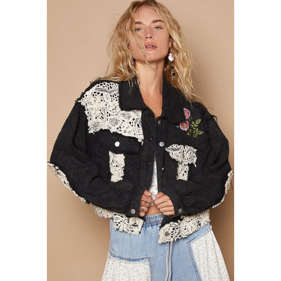 POL Crochet Patch Embroidered Button Up Jacket Black / S Apparel and Accessories