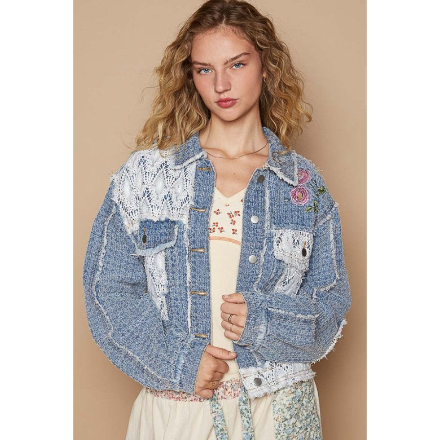 POL Crochet Patch Embroidered Button Up Jacket Dusty Blue / S Apparel and Accessories