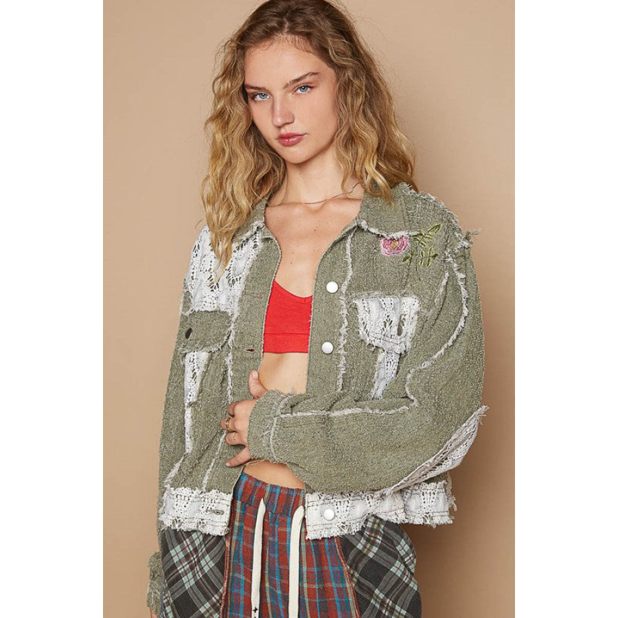 POL Crochet Patch Embroidered Button Up Jacket Olive Multicolor / S Apparel and Accessories