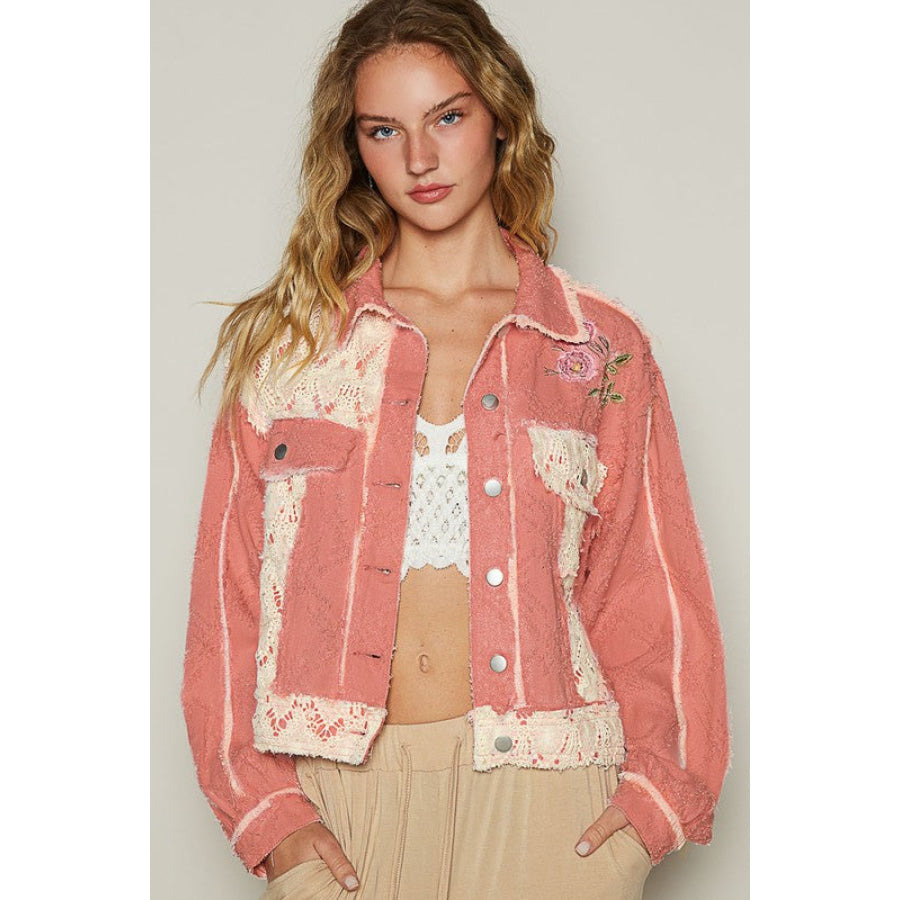 POL Crochet Patch Embroidered Button Up Jacket Pink Multicolor / S Apparel and Accessories