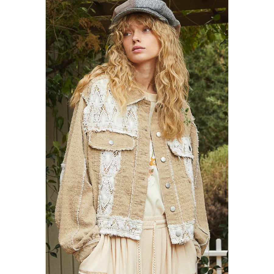 POL Crochet Patch Embroidered Button Up Jacket Sand Multicolor / S Apparel and Accessories