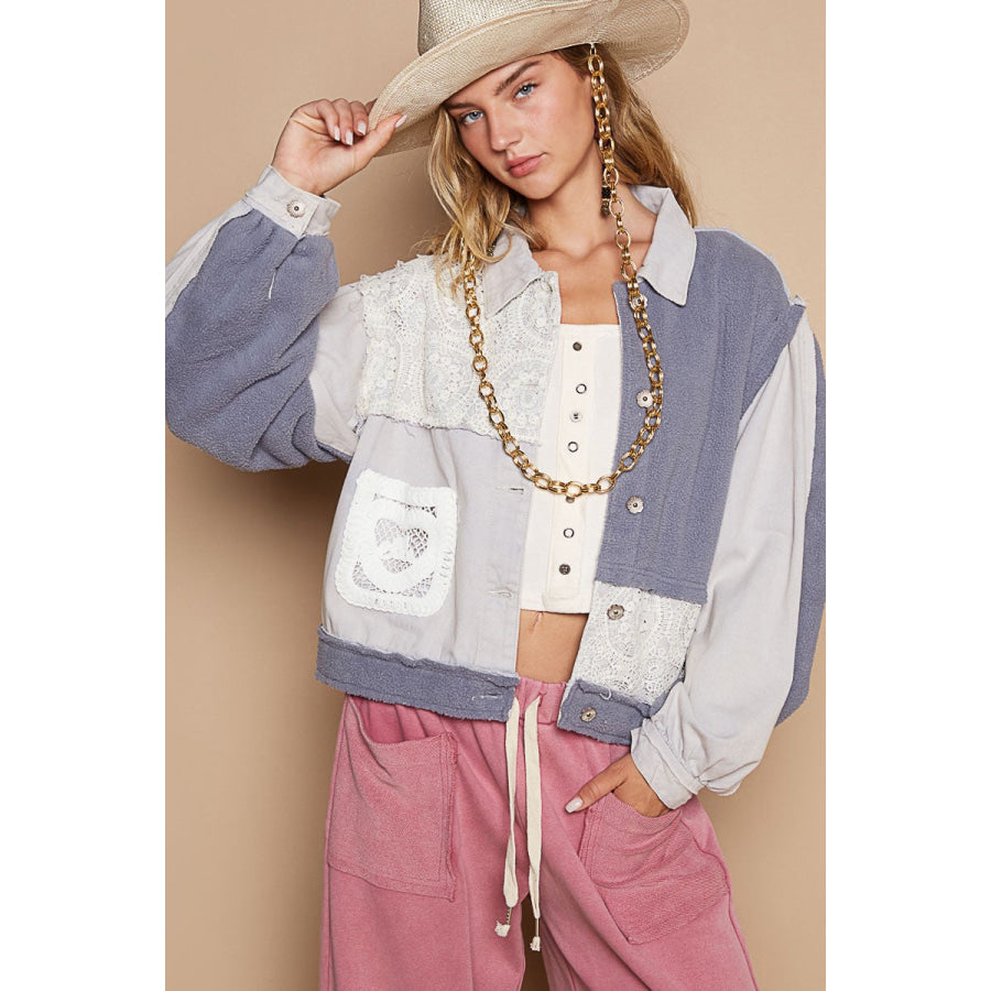 POL Crochet Patch Exposed Seam Button Up Jacket Apparel and Accessories