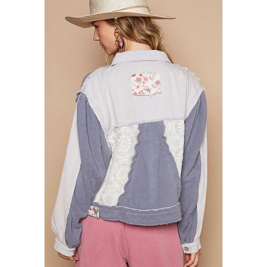 POL Crochet Patch Exposed Seam Button Up Jacket Apparel and Accessories