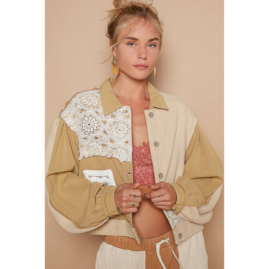 POL Crochet Patch Exposed Seam Button Up Jacket Apparel and Accessories