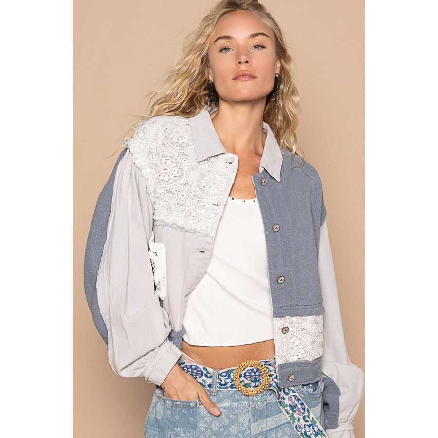 POL Crochet Patch Exposed Seam Button Up Jacket Denim Blue / S Apparel and Accessories