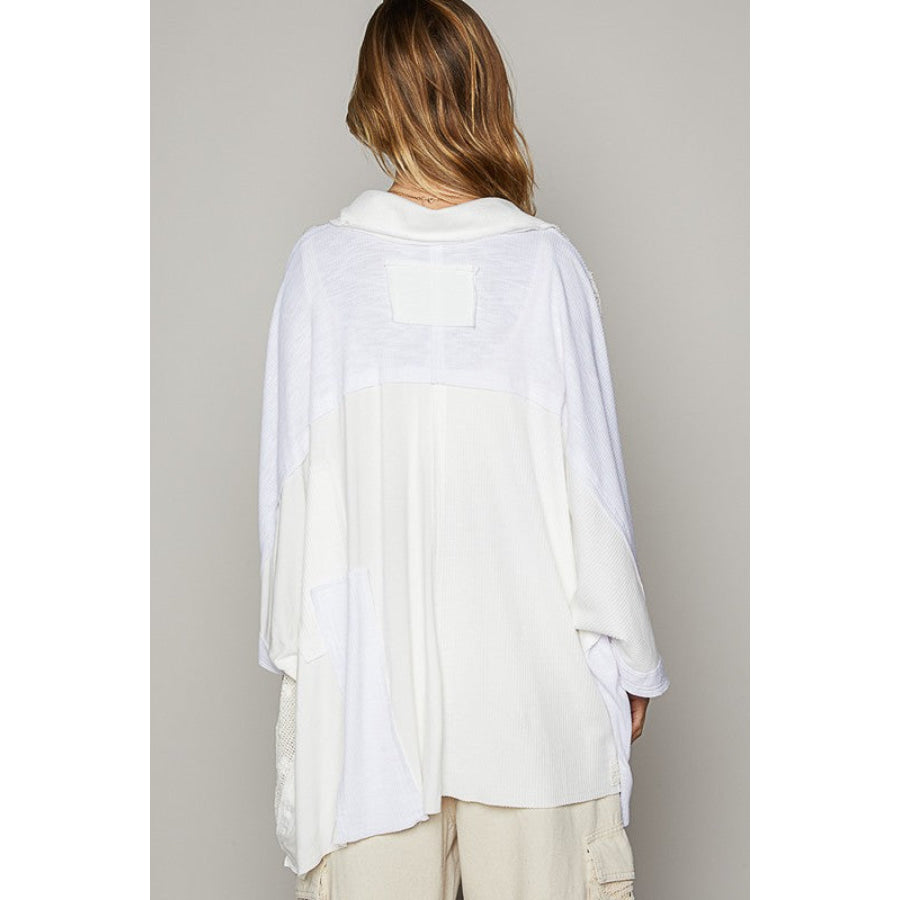 POL Crochet Patchwork Frayed Edge Half Button Knit Top White / S Apparel and Accessories