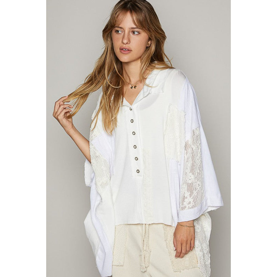 POL Crochet Patchwork Frayed Edge Half Button Knit Top White / S Apparel and Accessories