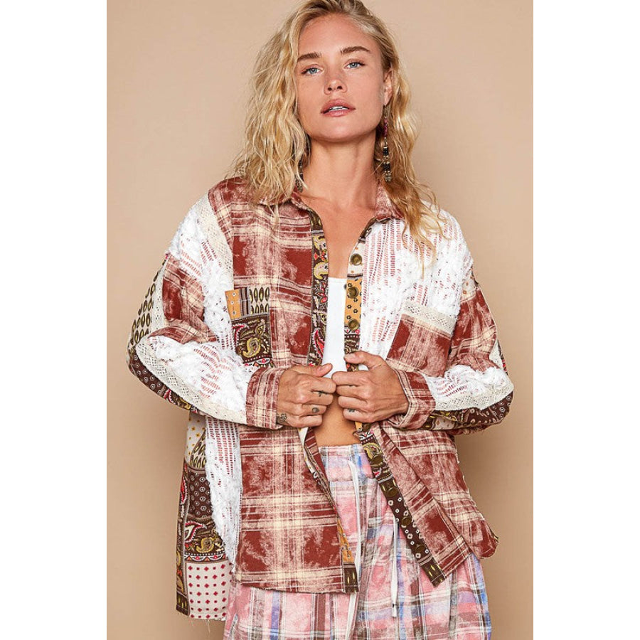 POL Crochet Plaid Patchwork Button Up Shirt Apparel and Accessories